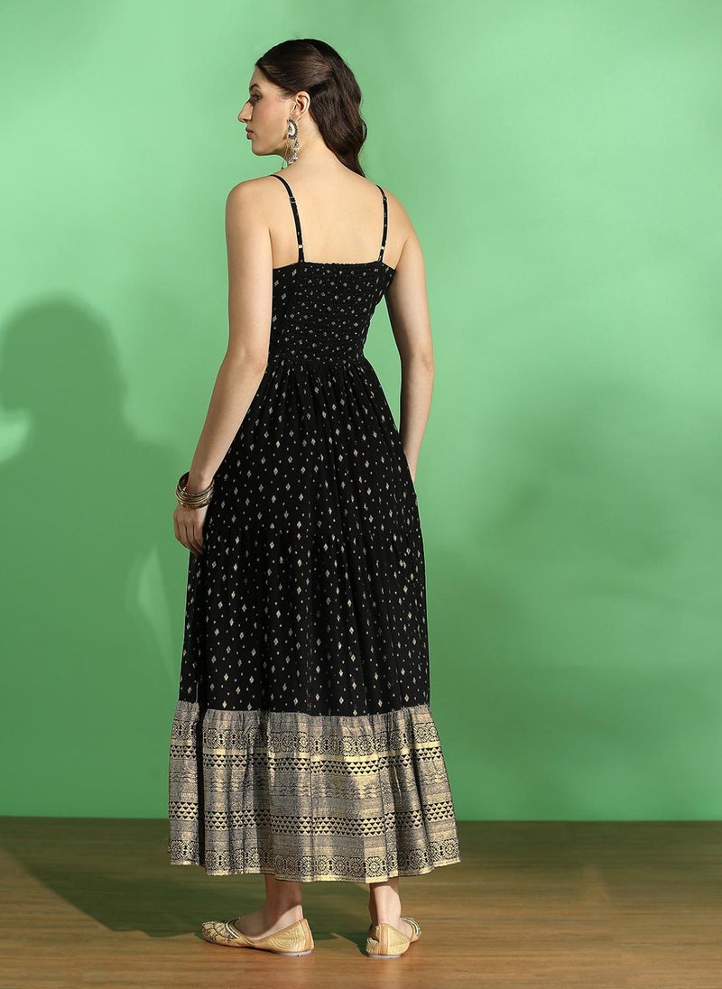 Globus Women Black Strappy Shoulder Gold Foil Ethnic Motifs Smocked Tiered Fit & Flare Maxi Festive Dress - Image 4